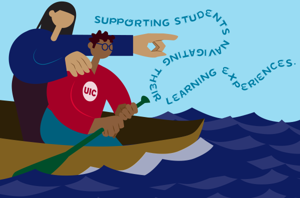 A UIC student rows a canoe while a professor points the way, 
