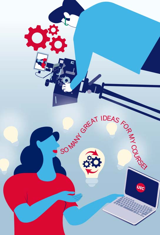 A faculty member marvels at all the great ideas they have gotten by working with IDMPS, whilst a media specialist films the faculty member delivering a lecture.