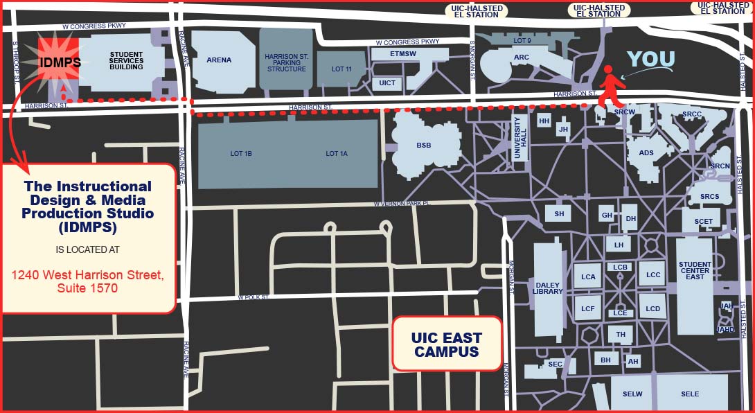 Map of UIC's east campus with a dotted line leading to IDMPS' new location, 1240 West Harrison Street, Suite 1570.